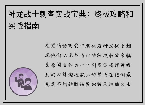 神龙战士刺客实战宝典：终极攻略和实战指南